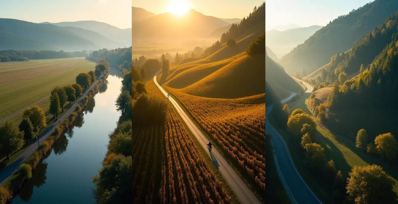 Vue aérienne montrant trois types de terrains cyclables en Bourgogne : canal plat, collines viticoles douces et montagnes boisées