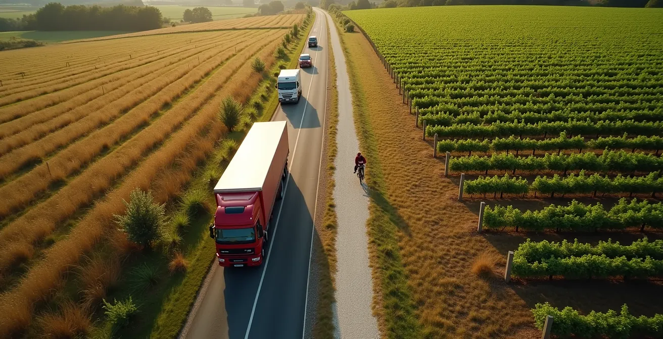Vue aérienne montrant la D974 et la Voie des Vignes en parallèle à travers le vignoble