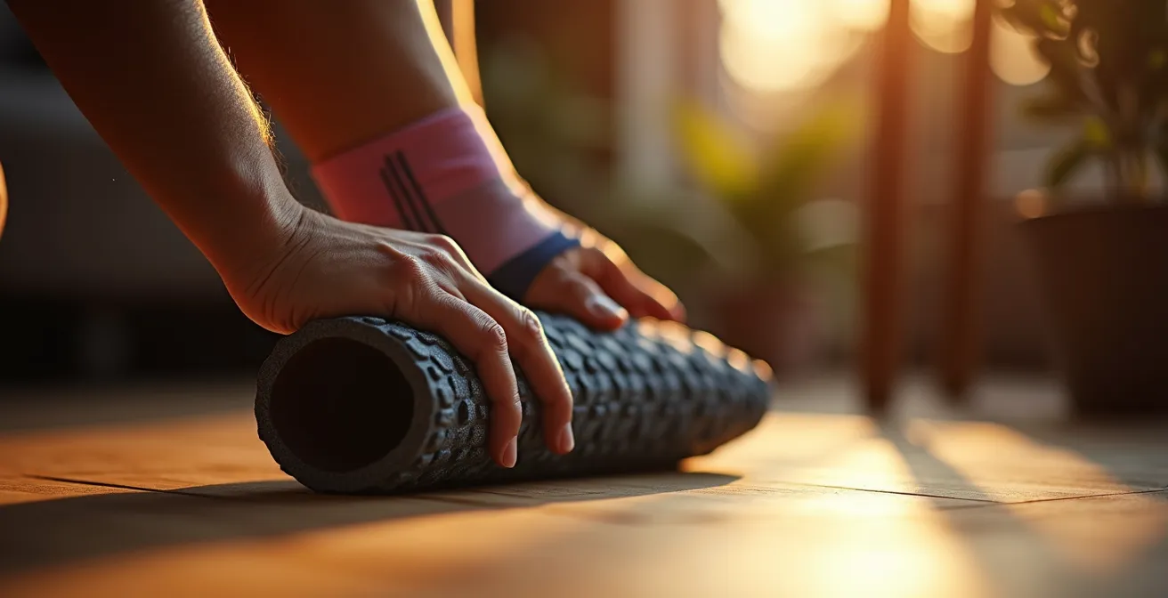 Cyclotouriste utilisant un rouleau de massage compact dans sa chambre d'hôtel après une longue étape