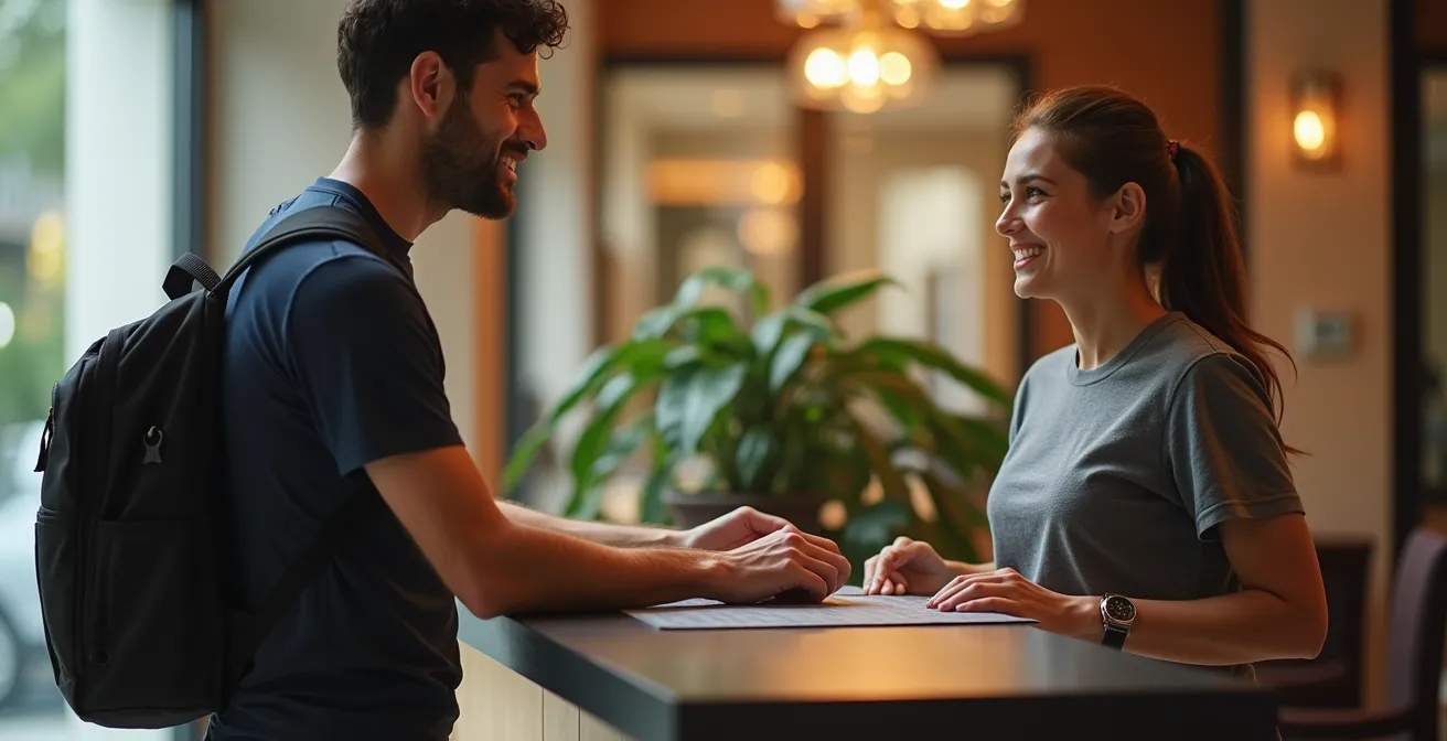 Cyclotouriste présentant poliment sa multiprise parafoudre et son tapis de protection à la réception d'un hôtel