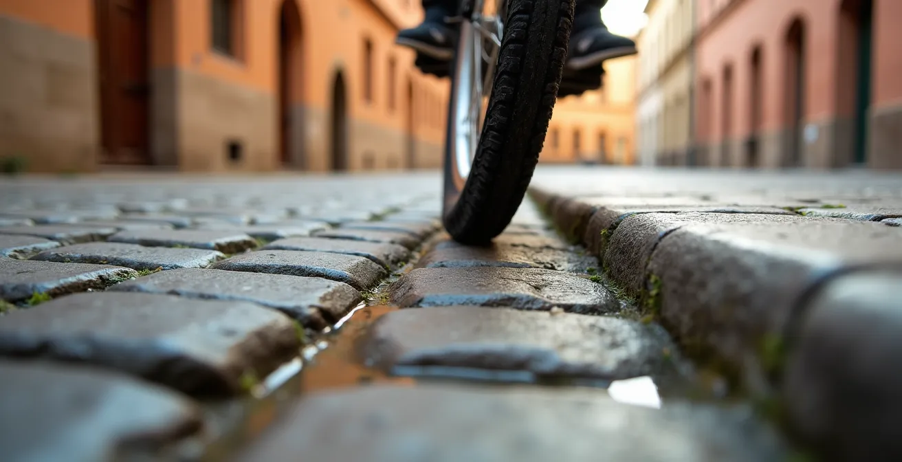 Cycliste utilisant la bande lisse le long d'une rue pavée historique de Dijon