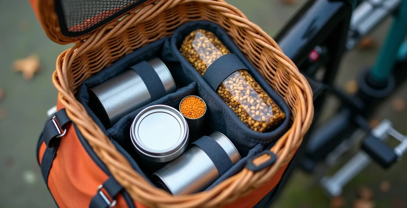 Vue détaillée de l'organisation optimale des sacoches de vélo avec boîtes rigides et produits locaux