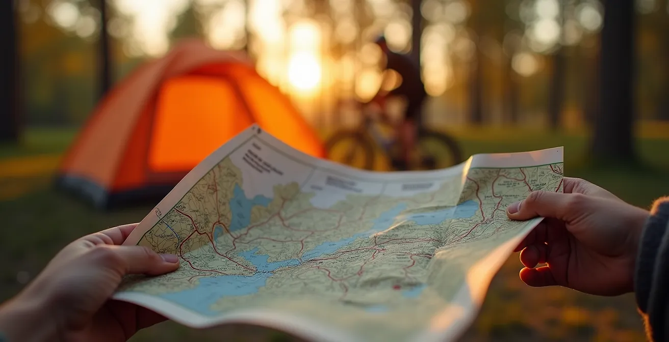 Cycliste consultant une carte près de sa tente au coucher du soleil dans une clairière