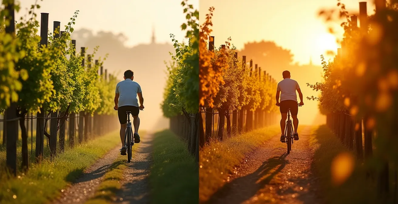 Diptyque montrant le même chemin viticole au printemps verdoyant et en automne doré