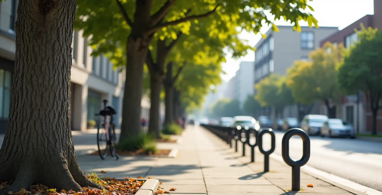 Vue d'un tronc d'arbre urbain avec un arceau à vélo correctement installé à proximité