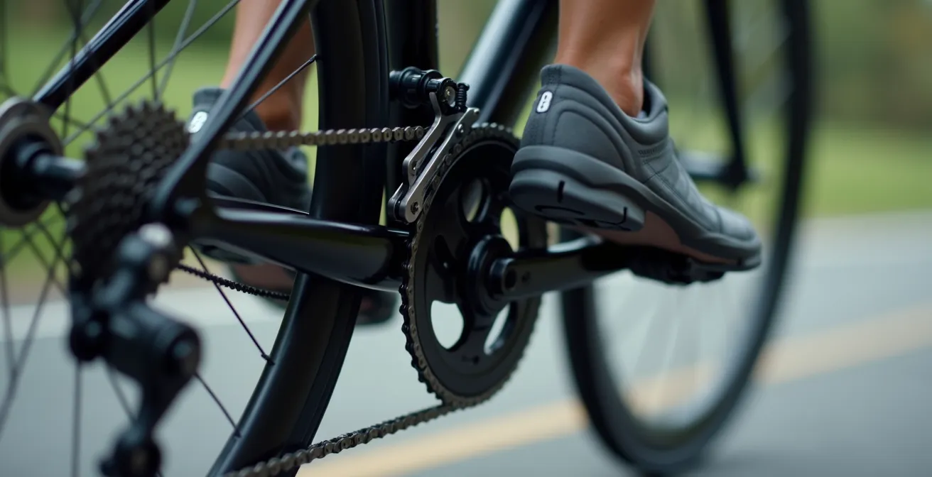 Cycliste maintenant une cadence régulière sur VAE avec compteur digital montrant les modes d'assistance