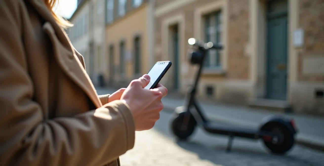 Main tenant un smartphone montrant une trottinette électrique verrouillée en arrière-plan flou