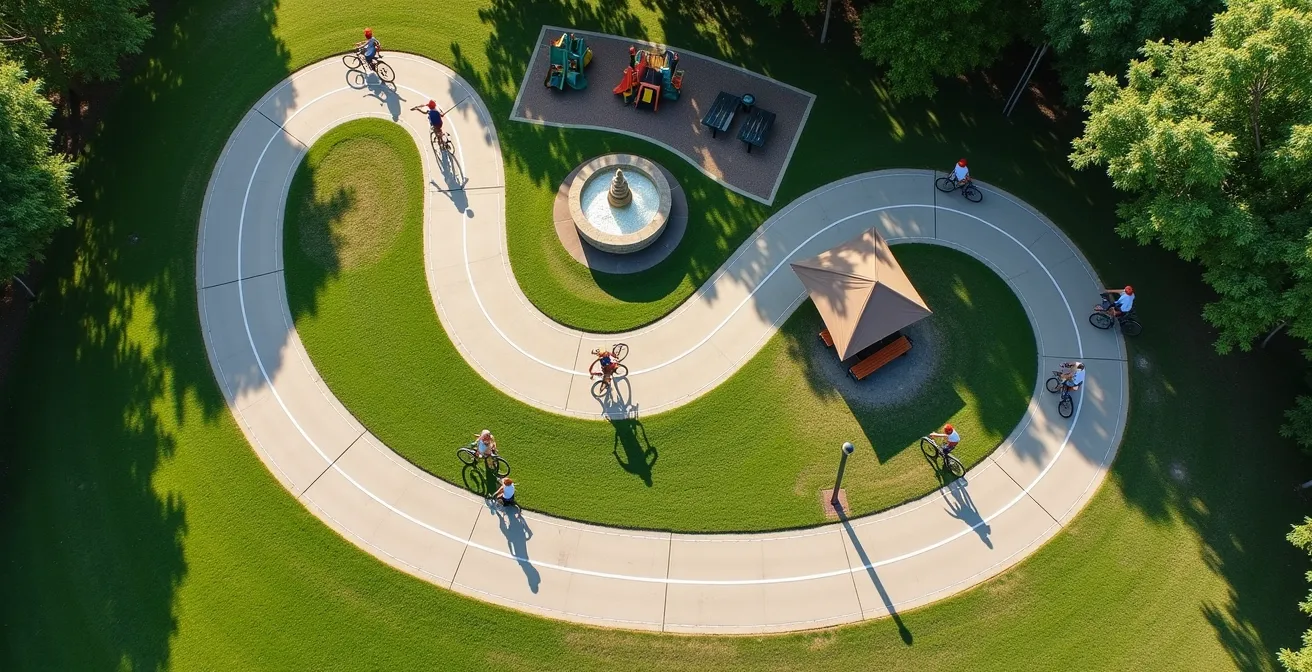 Vue aérienne d'un parcours cyclable en boucle avec des repères visuels d'aires de jeux et points d'eau marqués le long du trajet