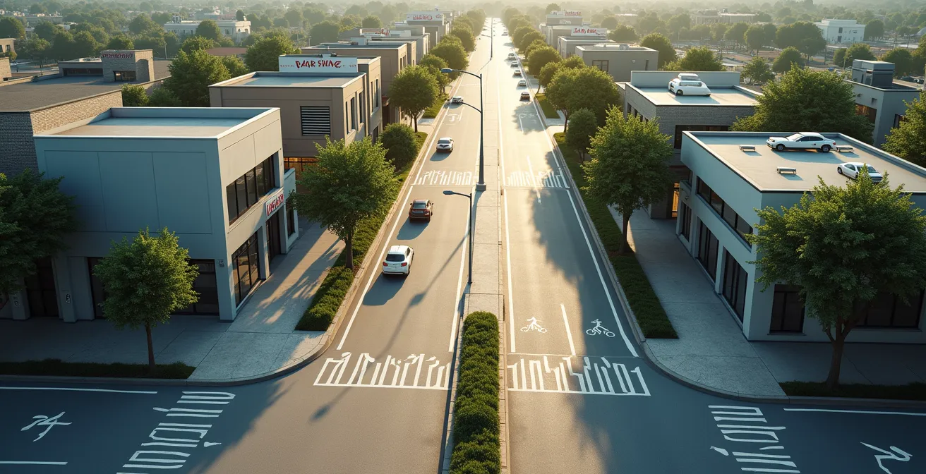 Vue aérienne d'un quartier urbain montrant l'emplacement stratégique des stations d'autopartage près des commerces