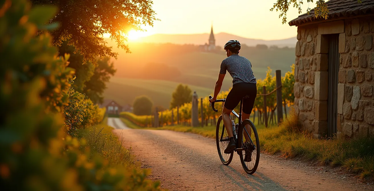 Cycliste sur un chemin de terre entre les vignes avec vue sur les coteaux