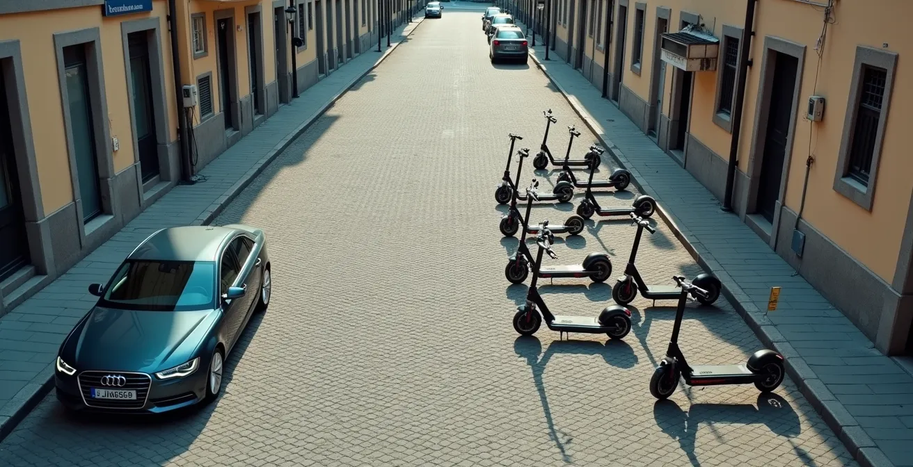 Vue aérienne comparative montrant l'espace occupé par une voiture garée versus plusieurs trottinettes dans une rue de Dijon