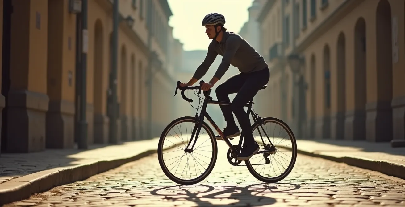 Cycliste en position de suspension traversant des pavés anciens