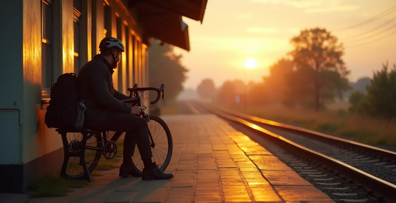 Cycliste avec son vélo chargé attendant sur le quai désert d'une petite gare au crépuscule