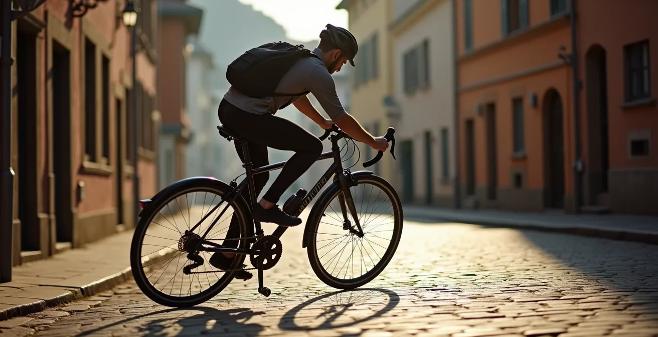 Cycliste grimpant une côte escarpée de Dijon avec un vélo en libre-service