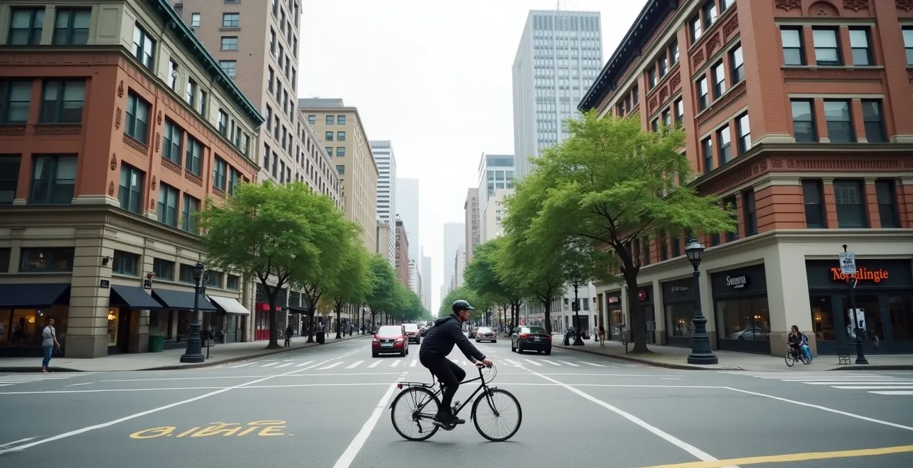 Cycliste observant les repères urbains pour s'orienter