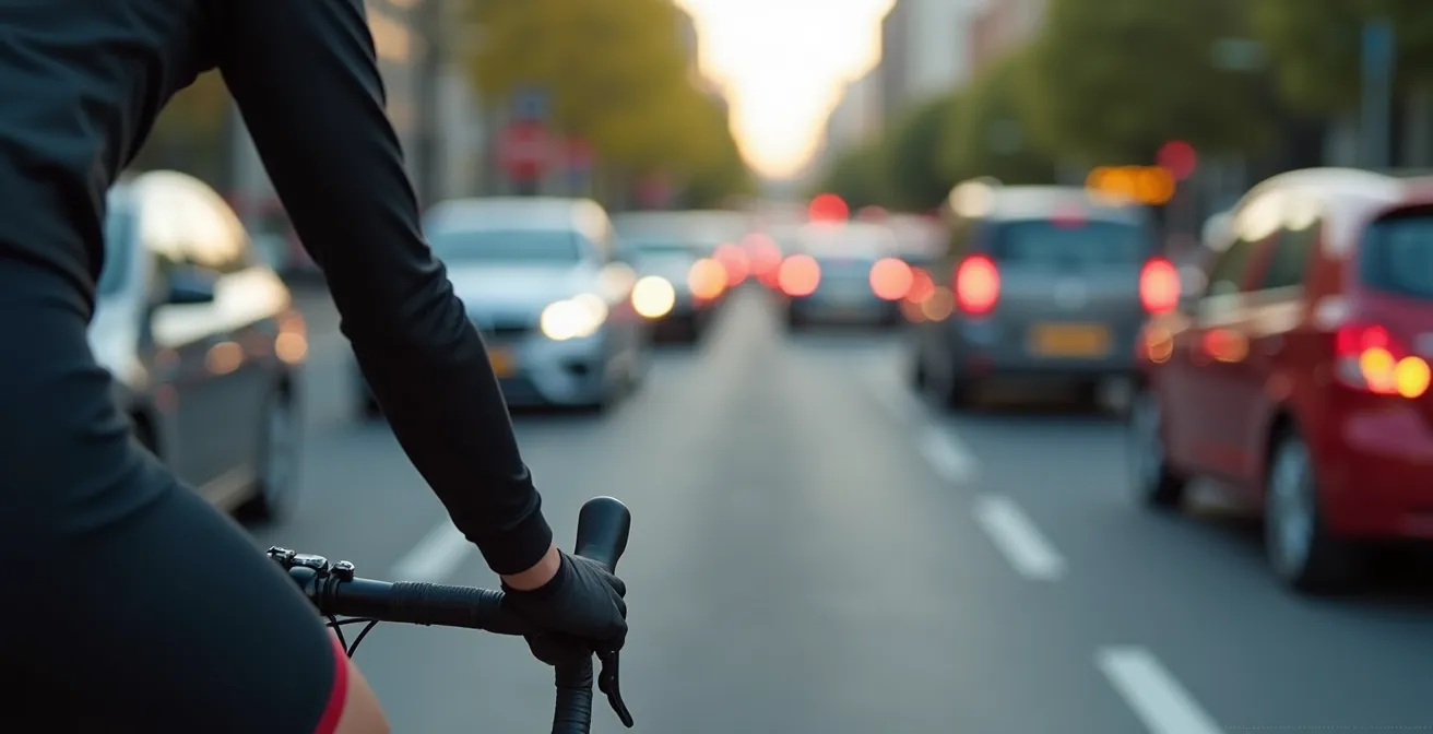 Cycliste en position de freinage léger approchant une intersection encombrée