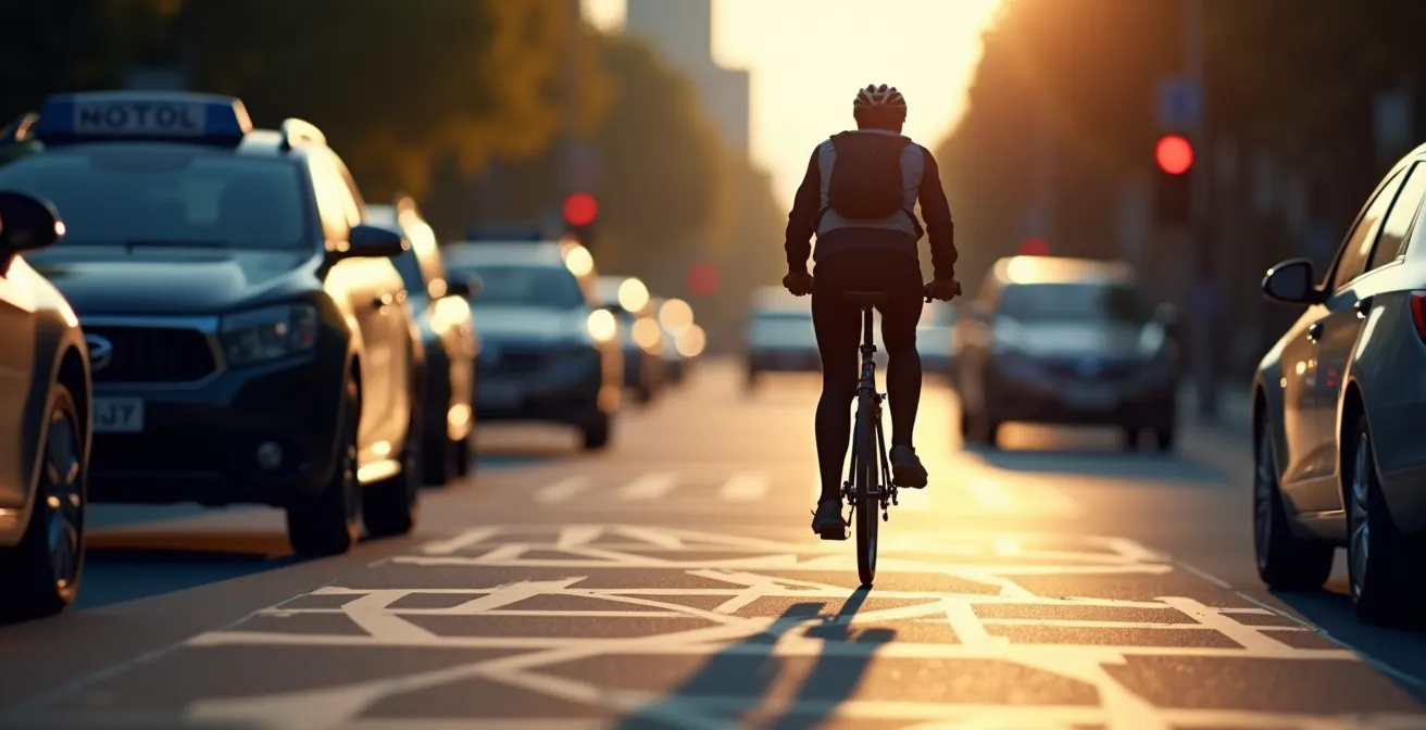 Cycliste remontant une file de voitures arrêtées vers un sas vélo