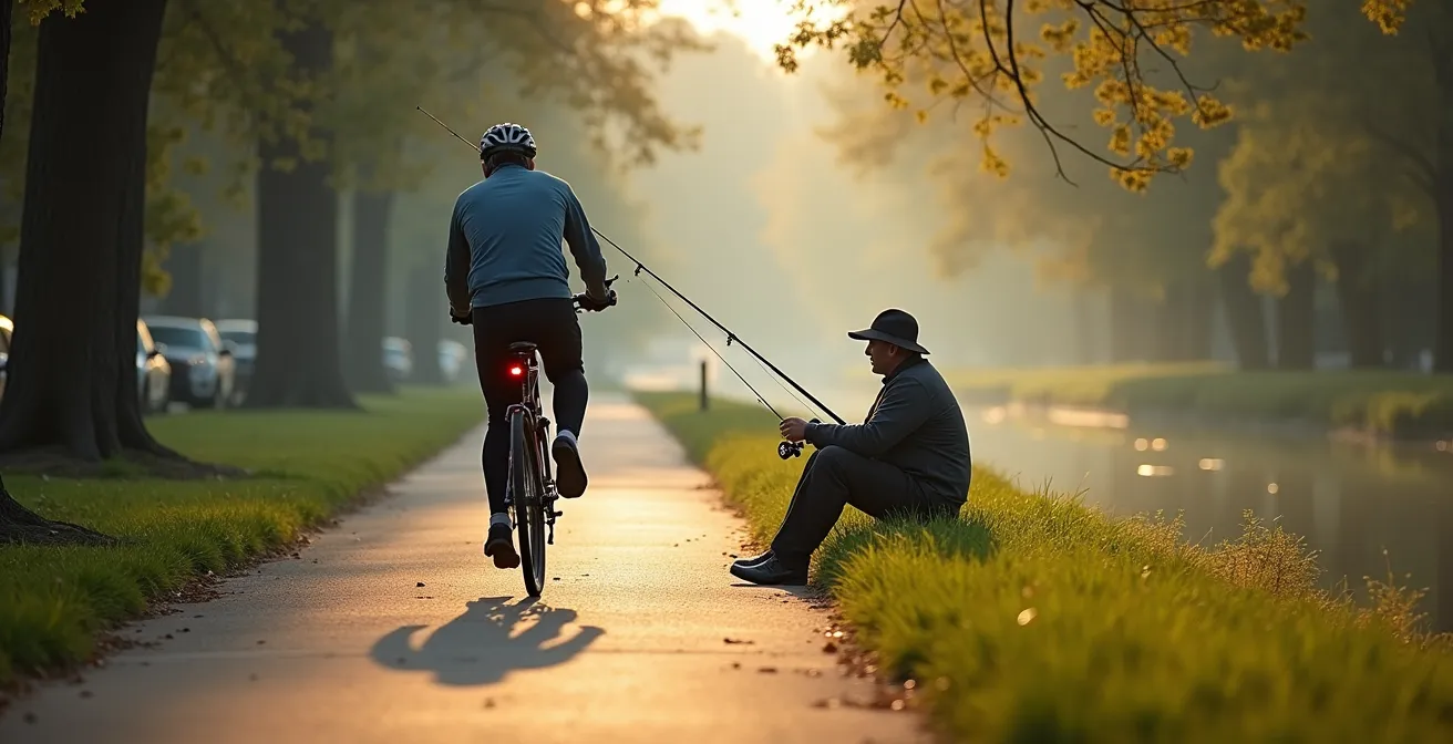 Cycliste ralentissant respectueusement pour dépasser un pêcheur au bord du canal