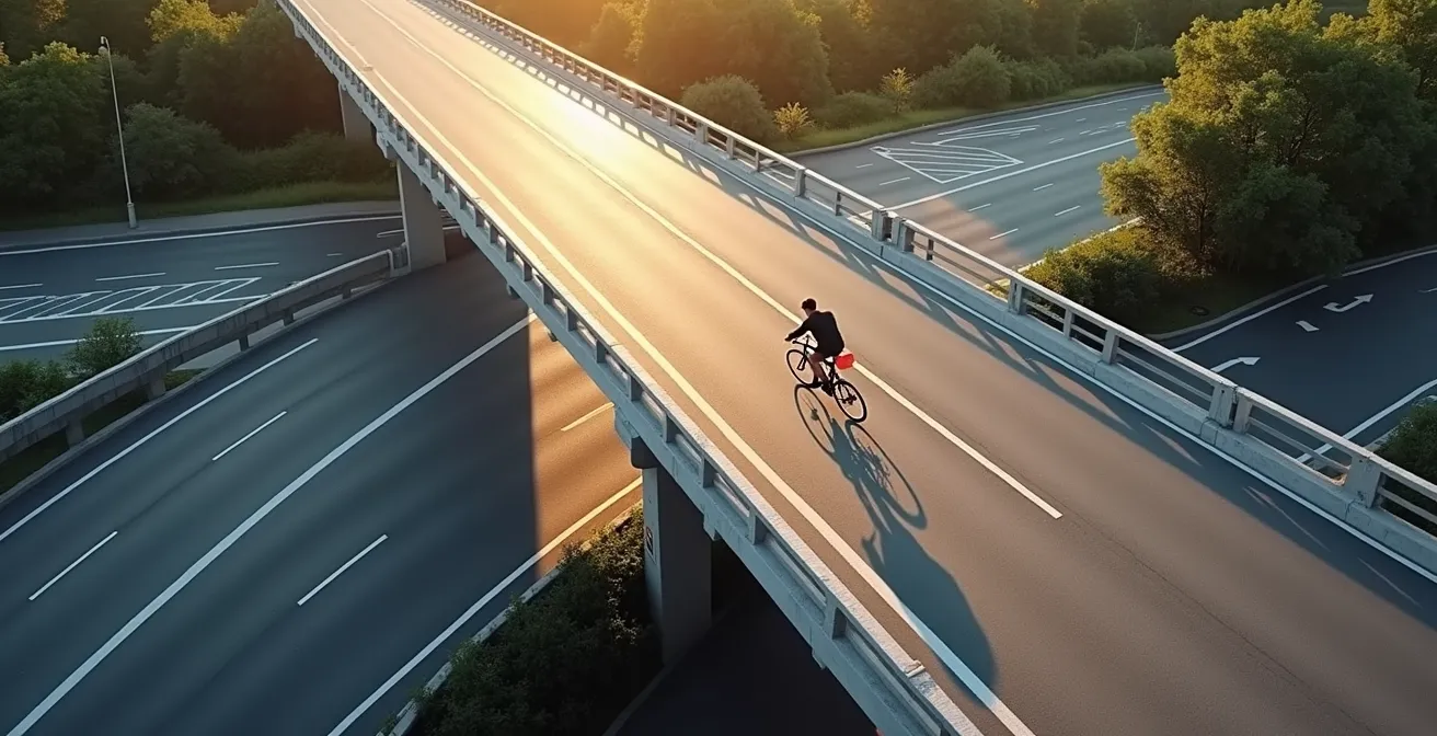 Vue large d'un cycliste empruntant une piste cyclable protégée sur un pont franchissant une rocade