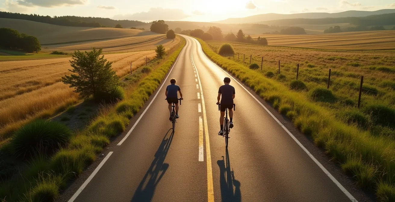 Deux cyclistes sur une route de campagne, l'un faisant une boucle latérale pendant que l'autre maintient sa trajectoire