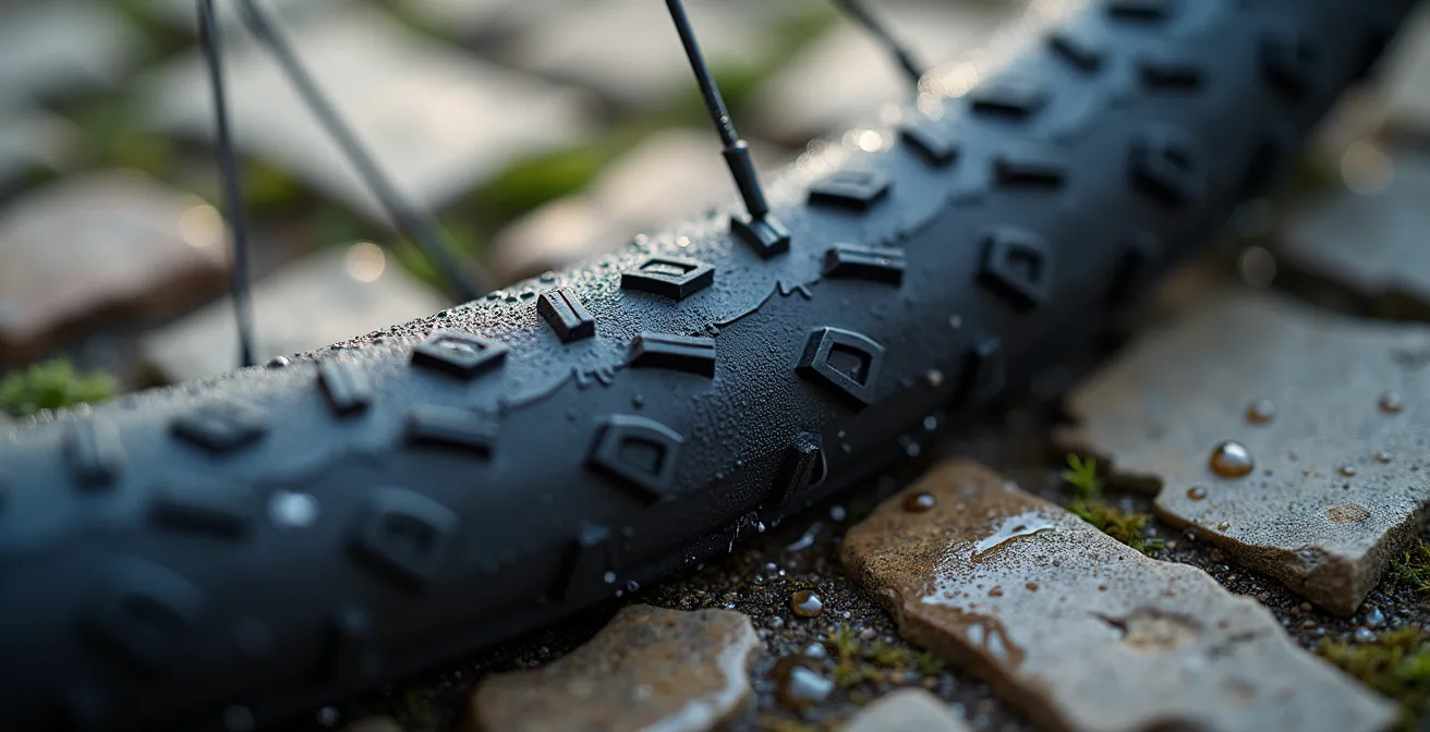 Détail macro d'un pneu de vélo adapté aux pavés historiques dijonnais