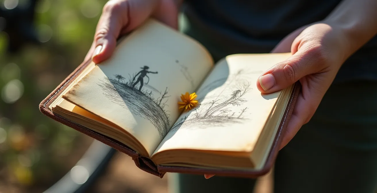 Mains tenant un carnet de croquis avec un dessin de paysage, avec un vélo flou en arrière-plan