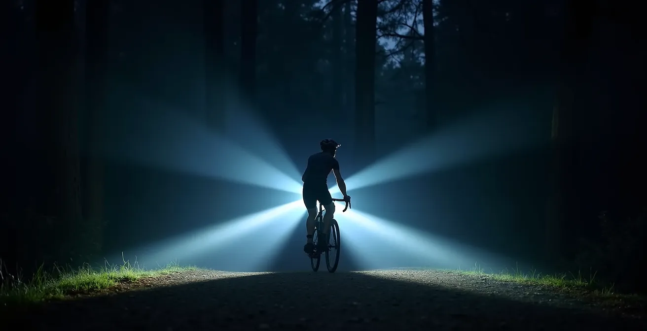 Cycliste avec système d'éclairage double montrant le triangle de lumière formé par les lampes guidon et casque