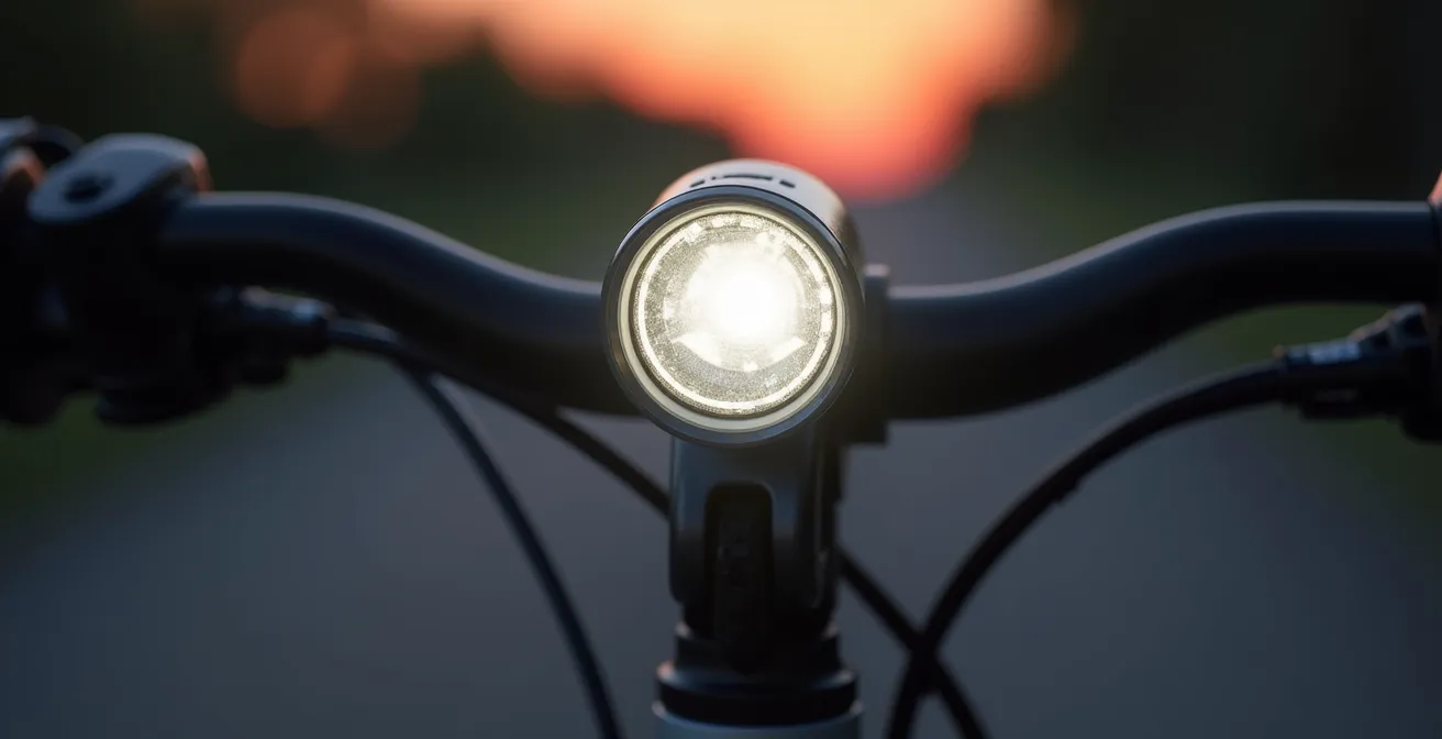 Gros plan macro sur un système d'éclairage avant de vélo haute intensité monté sur guidon