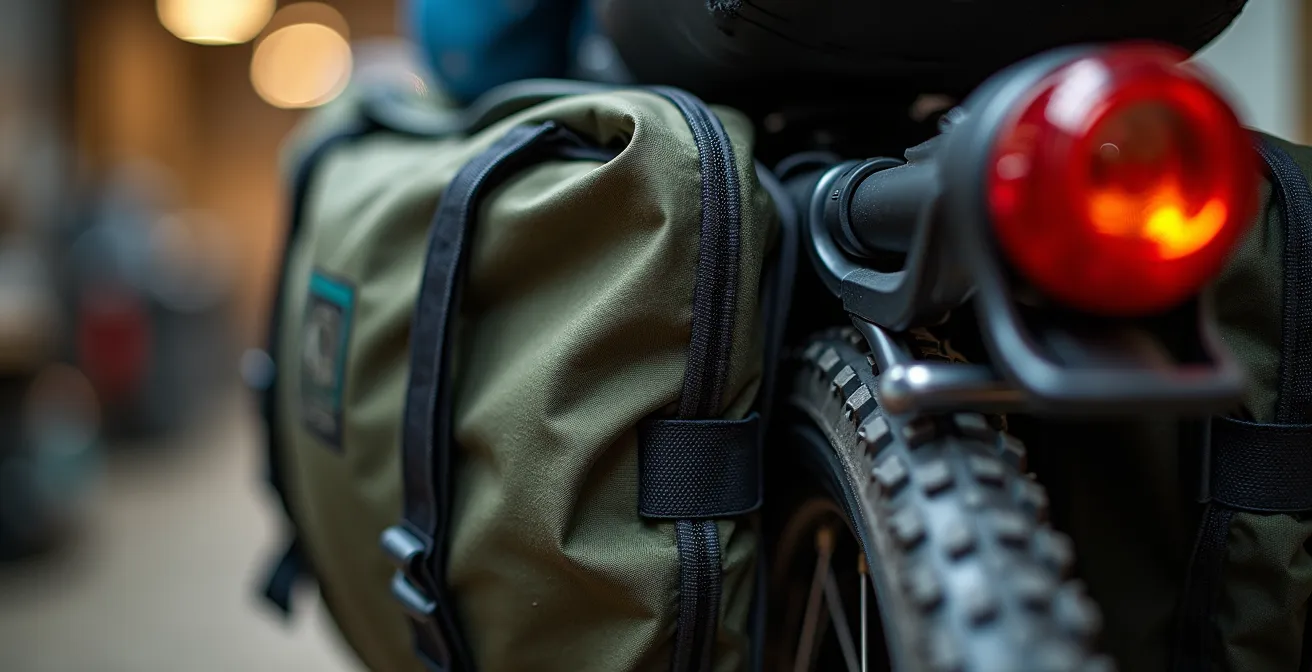 Vue latérale d'un vélo chargé montrant la répartition idéale du poids entre l'avant et l'arrière