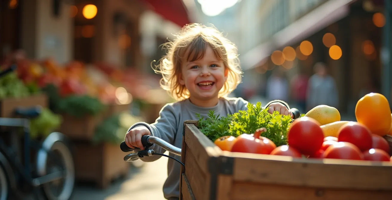 Famille avec deux enfants dans un vélo cargo électrique devant le marché des Halles de Dijon, le panier rempli de courses