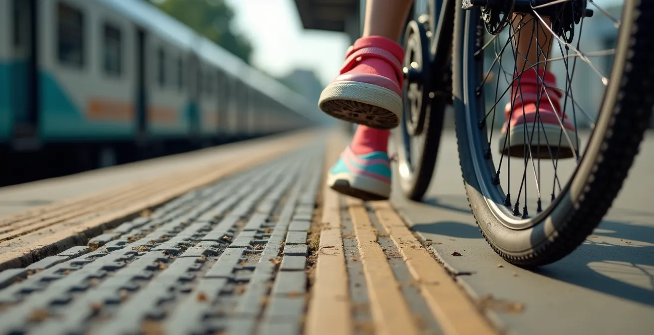Famille avec vélos attendant sur le quai d'une petite gare rurale, train régional approchant au loin