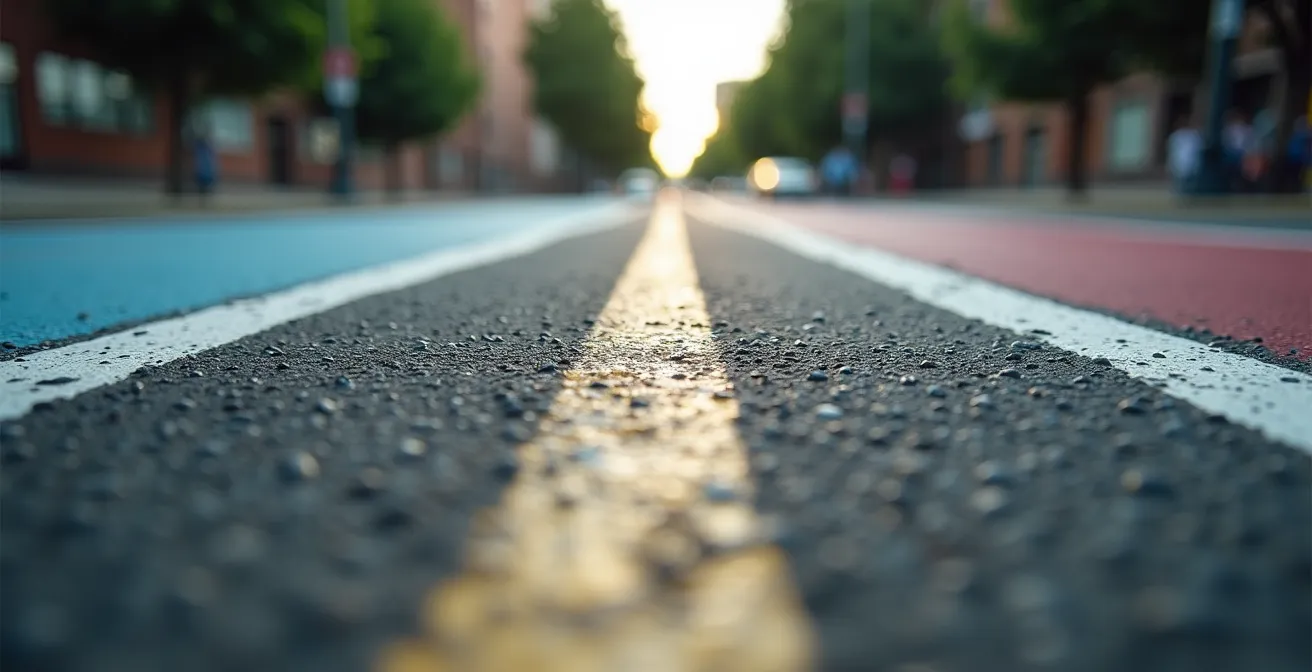 Vue macro d'une jonction de piste cyclable montrant la rupture de continuité