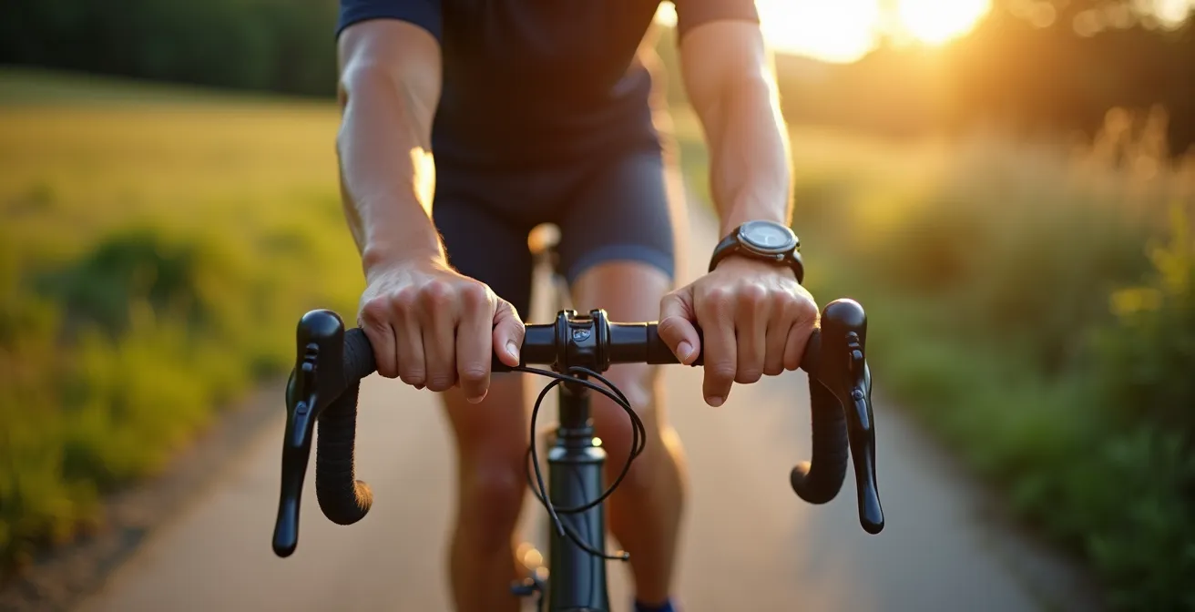 Mains détendues sur un guidon de vélo avec paysage de campagne flou