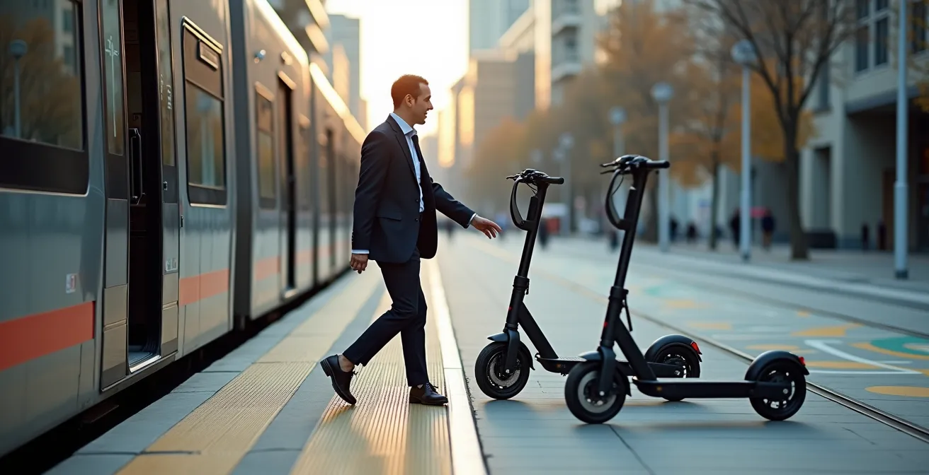 Hub de mobilité avec tram et zones de stationnement pour trottinettes