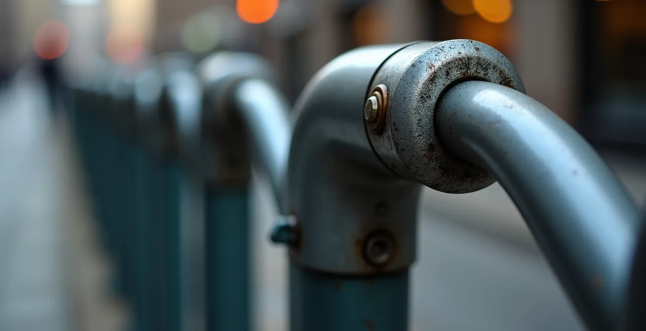 Gros plan sur le mécanisme de verrouillage d'une borne de vélo montrant le point d'ancrage métallique