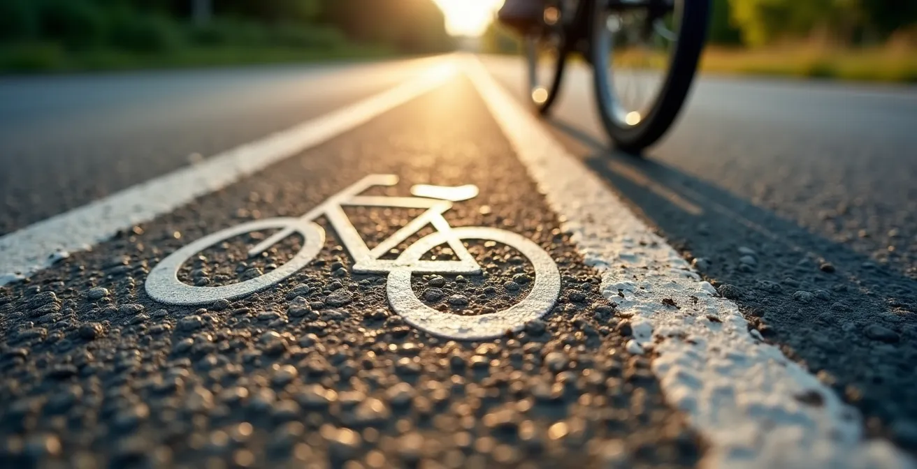 Vue arrière d'un cycliste approchant de la fin d'une vélo-rue avec changement visible de marquage au sol