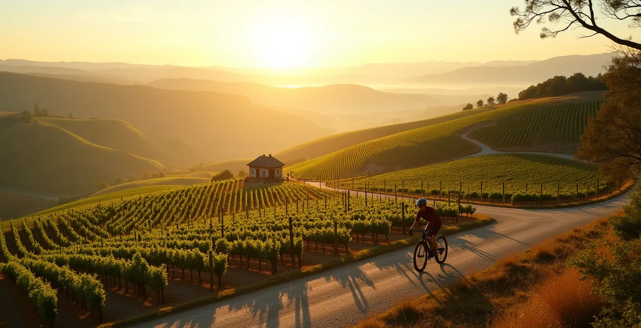 Vue panoramique sur les vignobles depuis les hauteurs de Marsannay avec cycliste