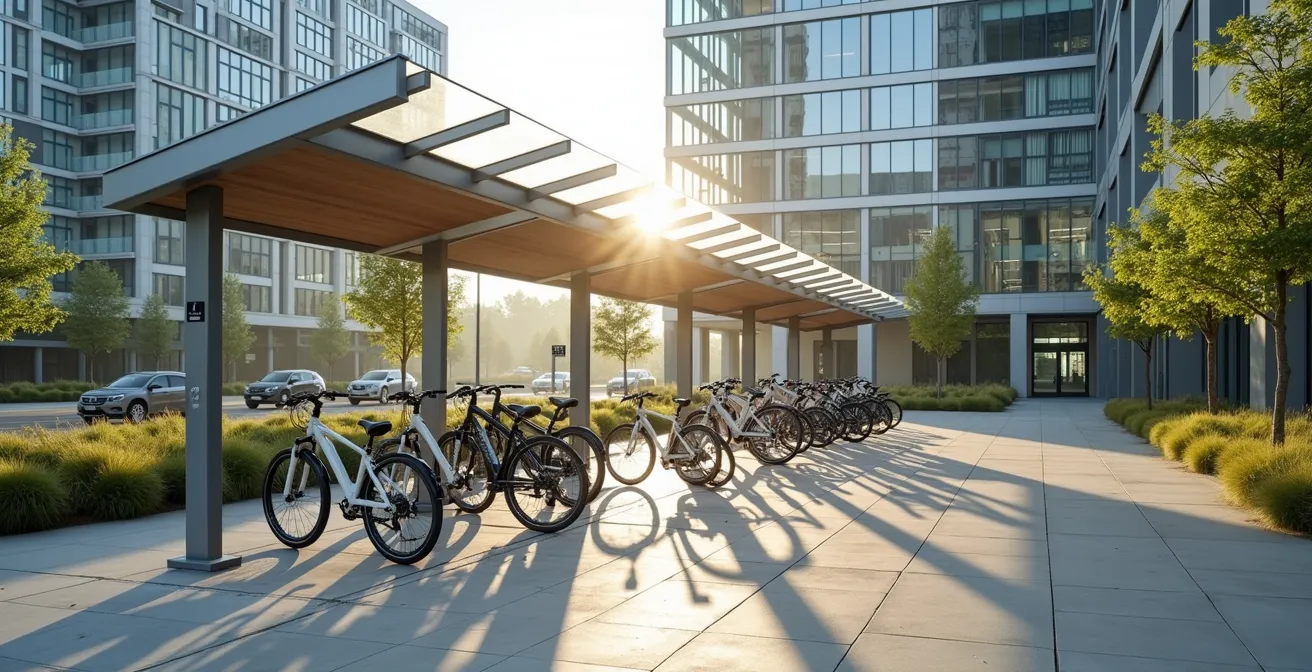 Infrastructure de stationnement vélo sécurisée en entreprise avec système de recharge intégré