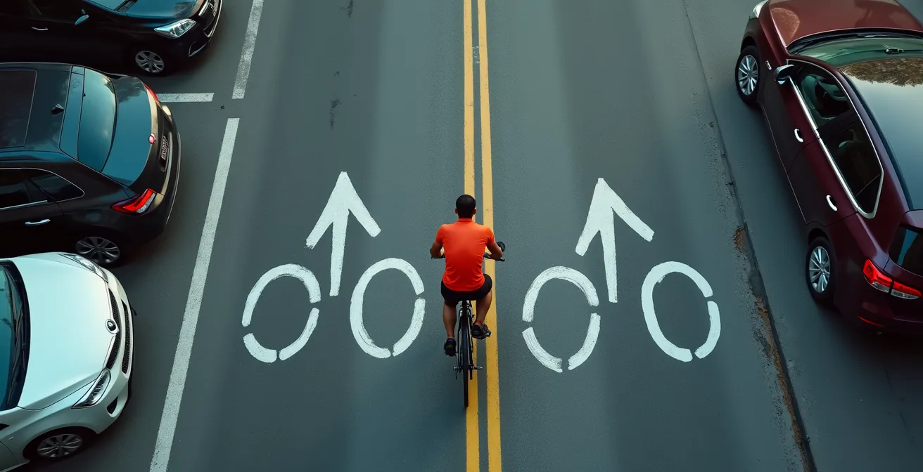 Vue aérienne d'un cycliste positionné au centre de sa voie sur une route urbaine étroite
