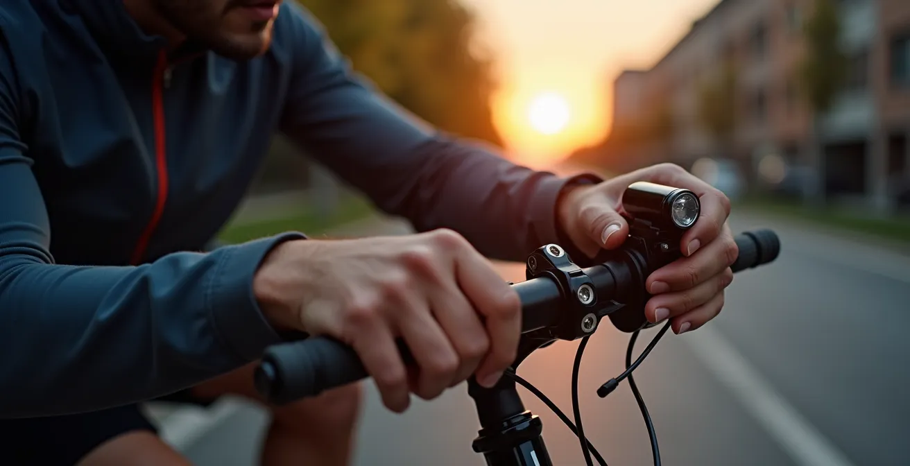 Démonstration visuelle du réglage correct de l'angle d'éclairage vélo pour éviter l'éblouissement