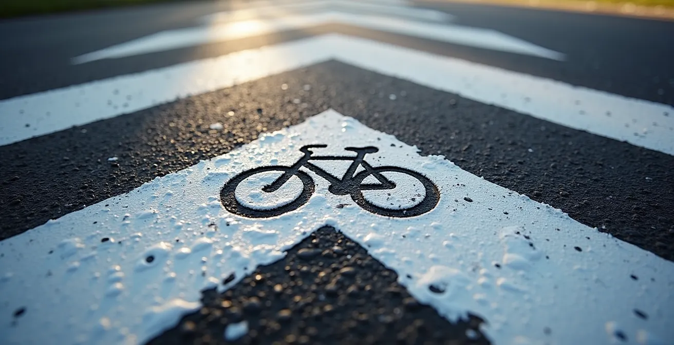 Vue aérienne d'un sharrow avec chevrons et symbole vélo peint au centre de la chaussée