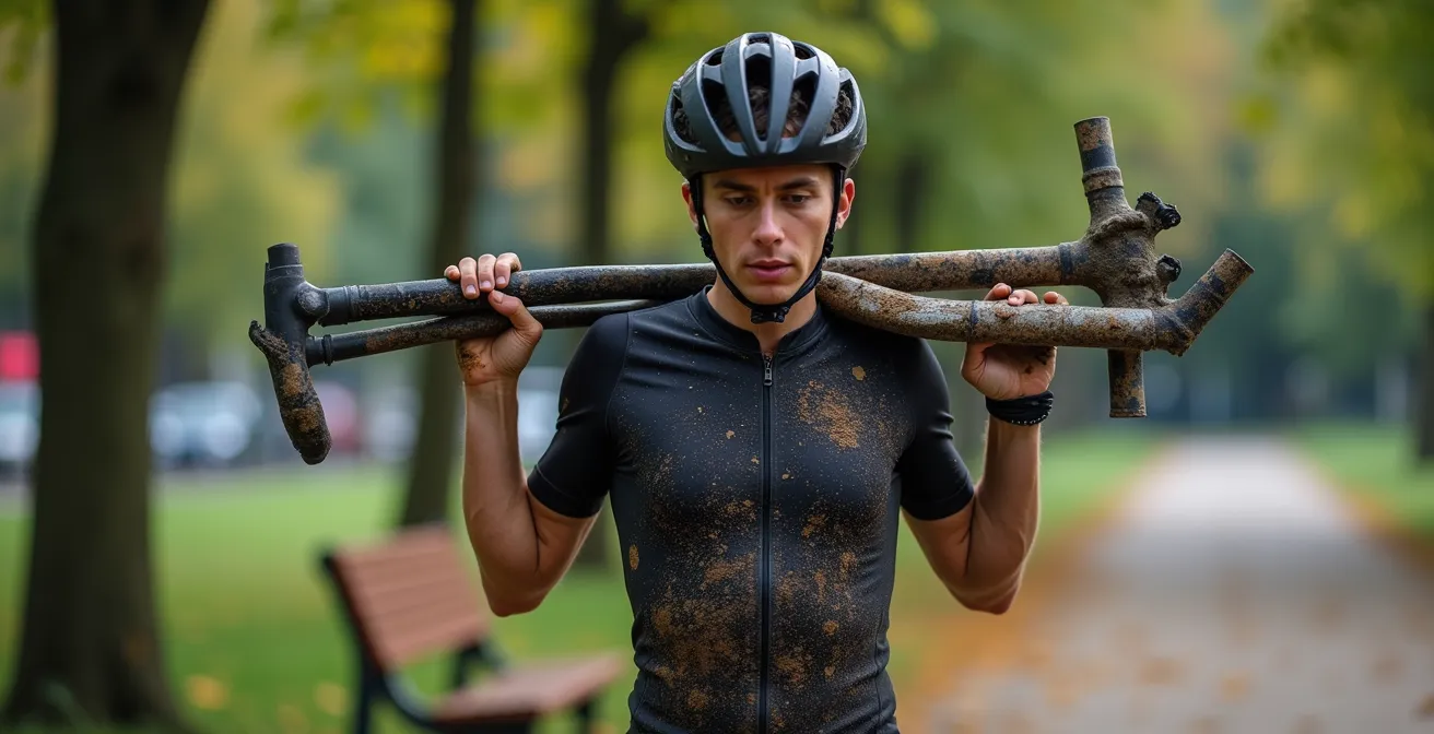 Démonstration de la technique de portage du vélo en trois temps dans le parc de la Colombière à Dijon