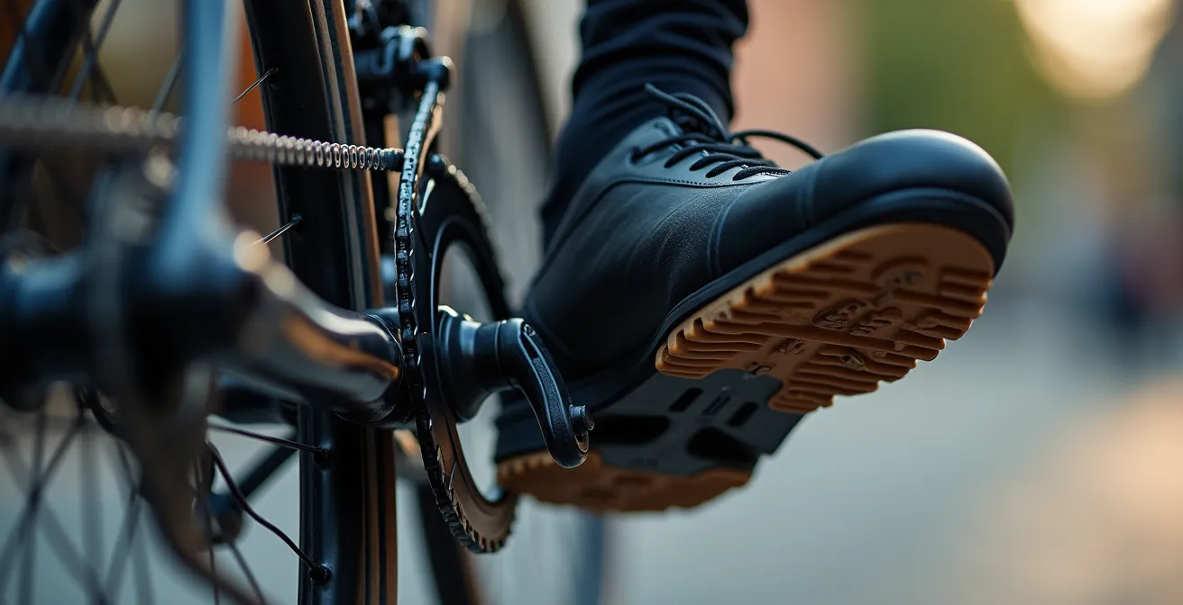 Gros plan sur position de pédale optimale pour démarrage vélo