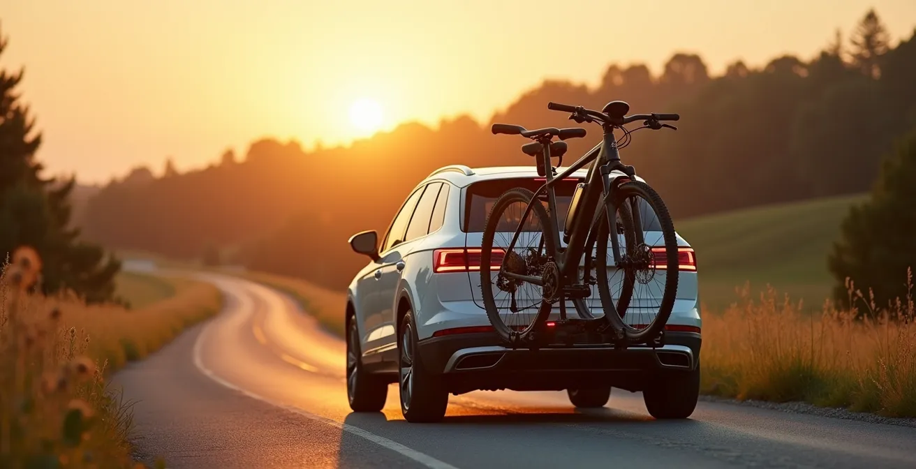 VAE solidement fixé sur porte-vélo d'attelage avec batterie retirée visible dans l'habitacle