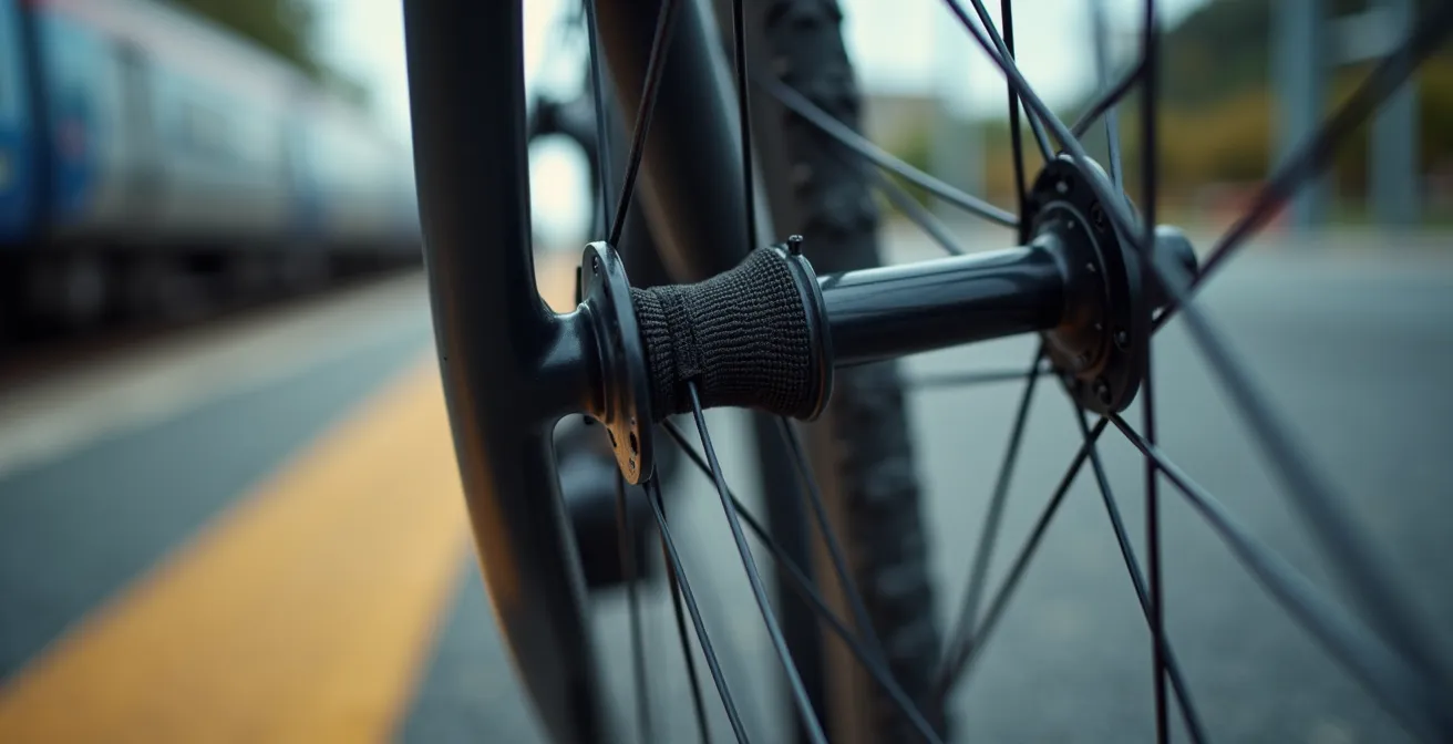 Vélo de voyage avec roue avant démontée et fixée au cadre par des tendeurs sur un quai de gare