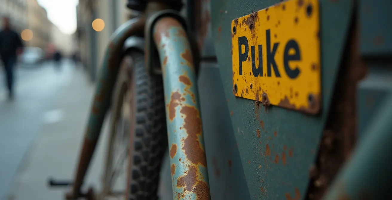 Vélo avec autocollant d'avertissement d'enlèvement attaché à un arceau urbain