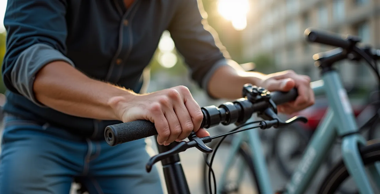 Cycliste inspectant minutieusement un vélo en libre-service avant utilisation