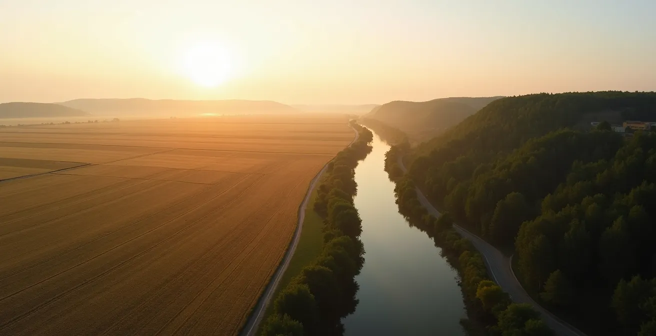 Vue contrastée montrant la plaine de Saône et les reliefs boisés du Morvan