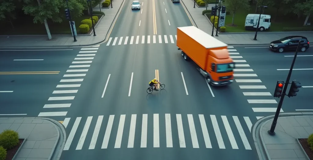 Position sécuritaire d'un cycliste à un feu rouge pour éviter l'angle mort d'un camion Position sécuritaire d'un cycliste à un feu rouge pour éviter l'angle mort d'un camion